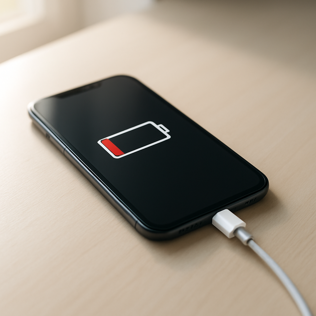 Smartphone on tidy desk connected to charger, low battery icon