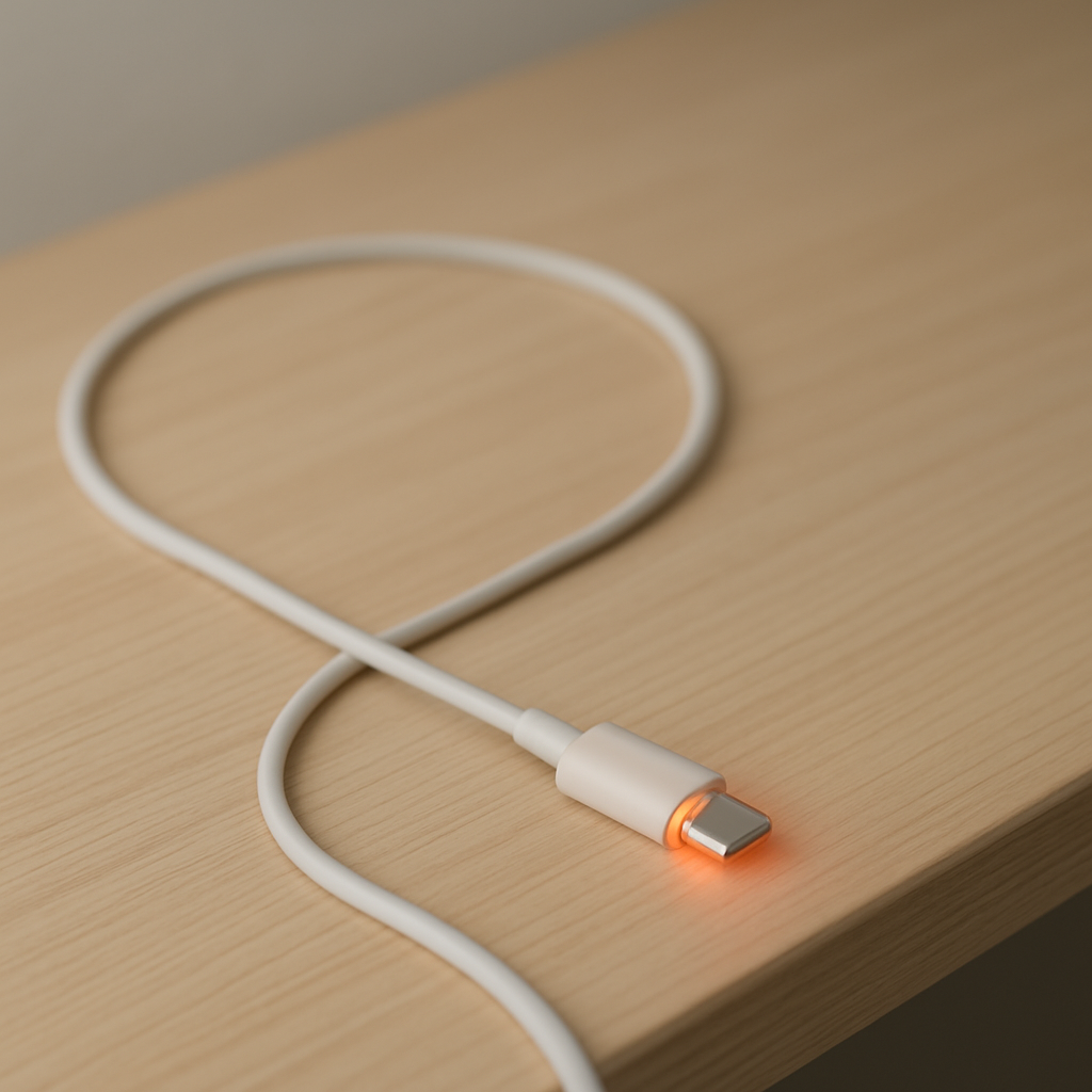 Close-up of charging cable connector on tidy desk, faint heat glow