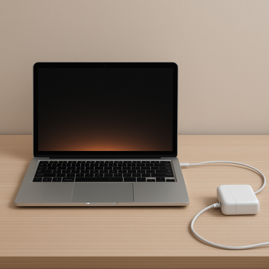 Laptop charger plugged into laptop on clean desk showing heat