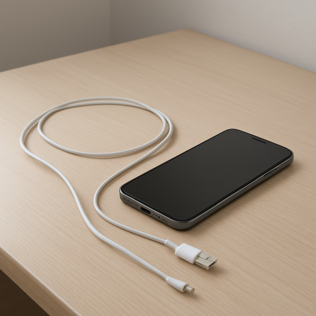 Smartphone on tidy desk with charging cable unplugged