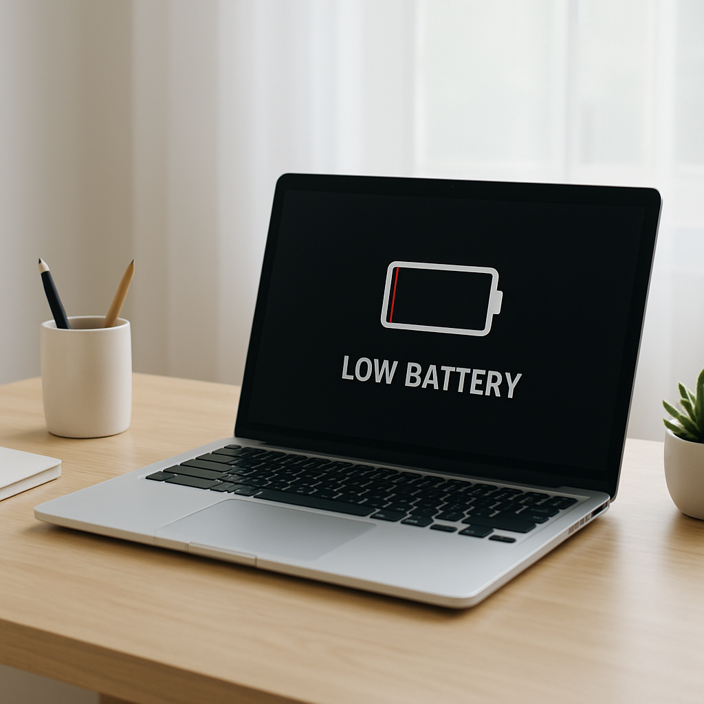 Laptop on tidy desk showing low battery warning while idle