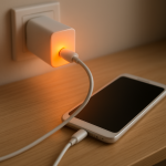 Warm charger on clean desk with device and visible heat glow