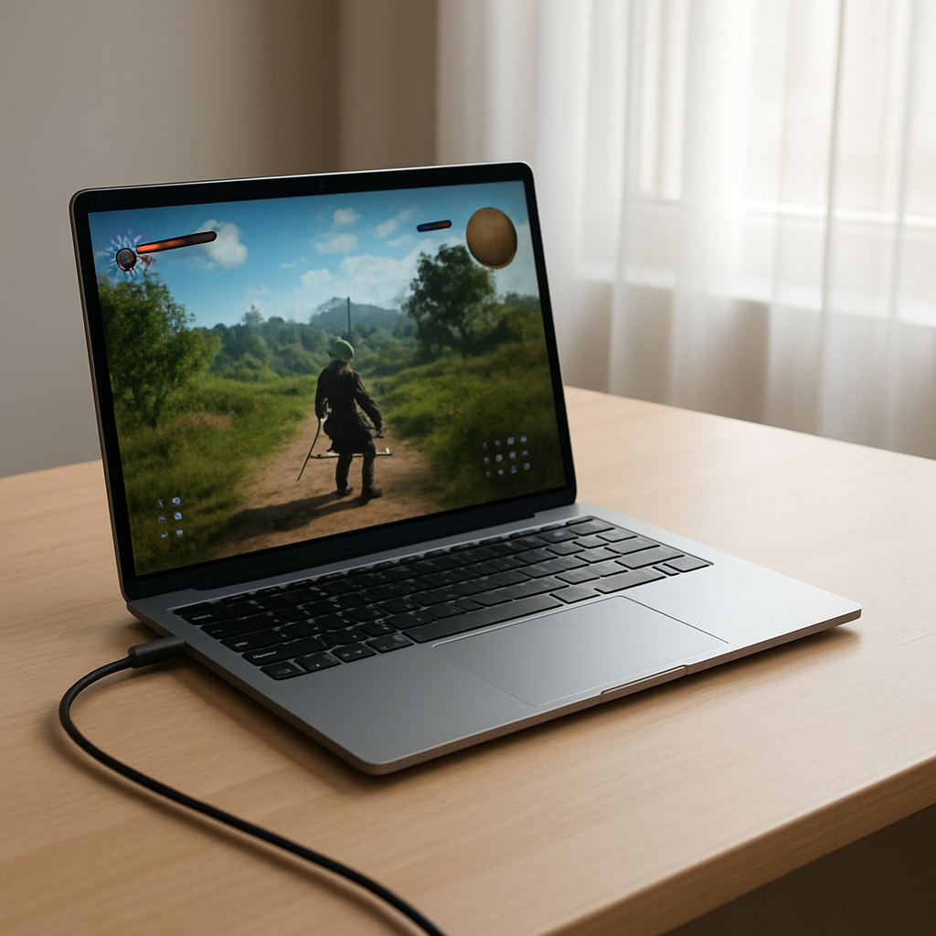 Laptop on clean desk showing plugged charger but not charging