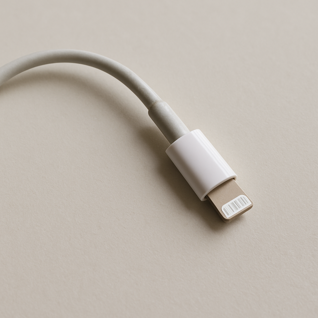 Bent charging cable resting on a tidy wooden desk