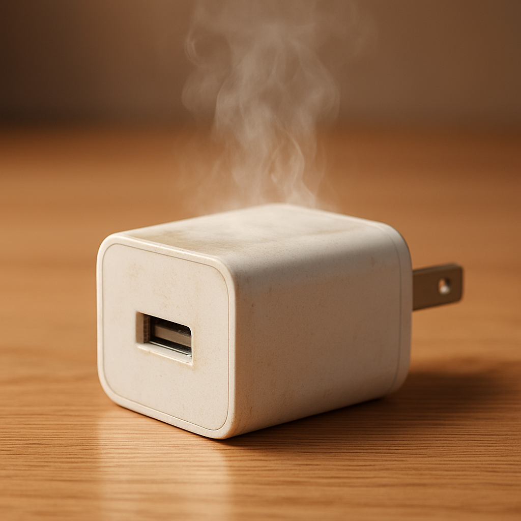 Overheated phone charger on clean desk with warning heat haze