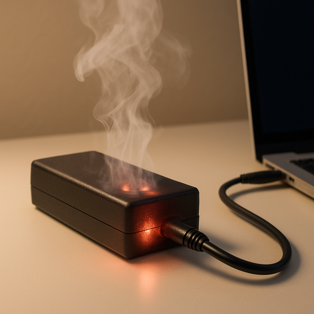 Overheating laptop power adapter on tidy desk, heat visible