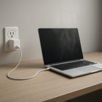 Laptop charger on a clean desk emitting visible heat haze