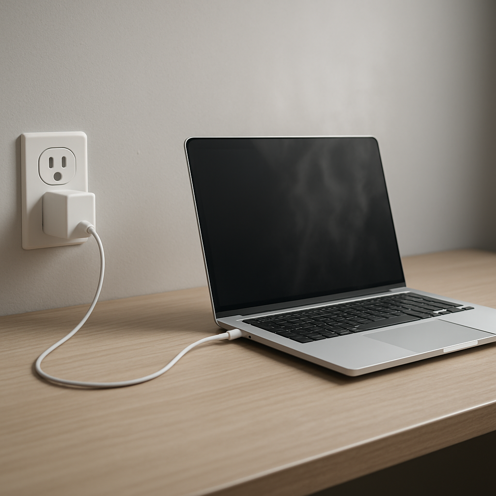 Laptop charger on a clean desk emitting visible heat haze