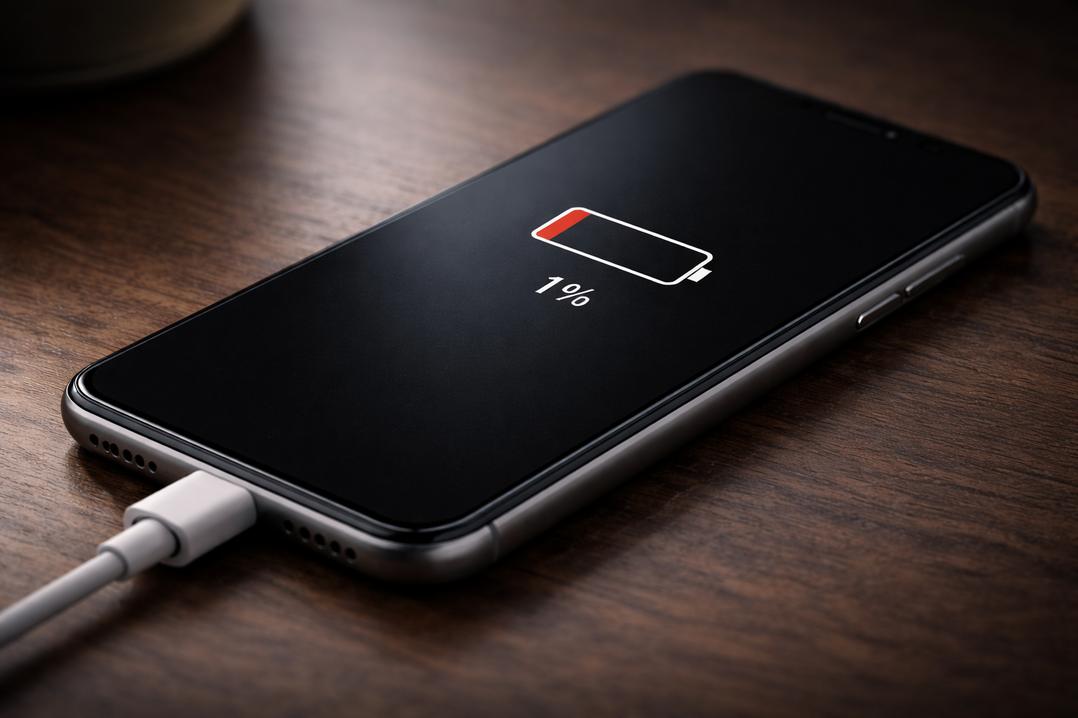 smartphone battery stuck at one percent charging cable connected realistic