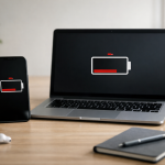 Battery Drain & Battery Life: Why Devices Lose Power Faster Than Expected smartphone and laptop showing low battery warning on desk