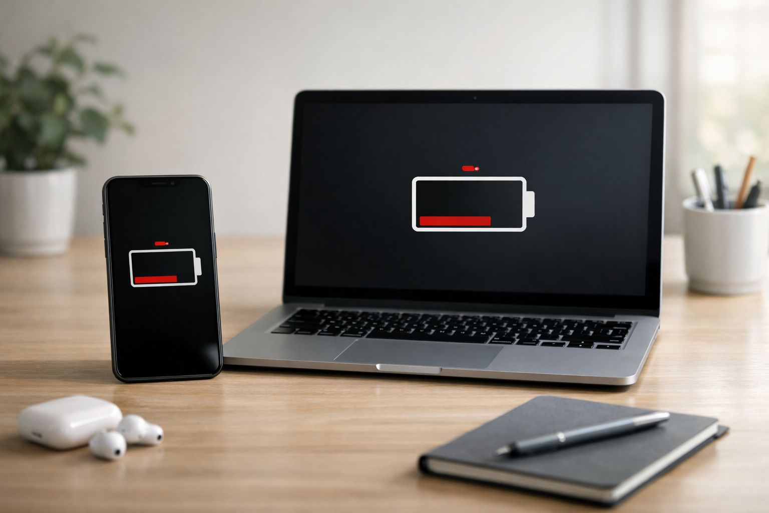 smartphone and laptop showing low battery warning on desk