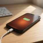 Smartphone warming while charging on a tidy wooden desk
