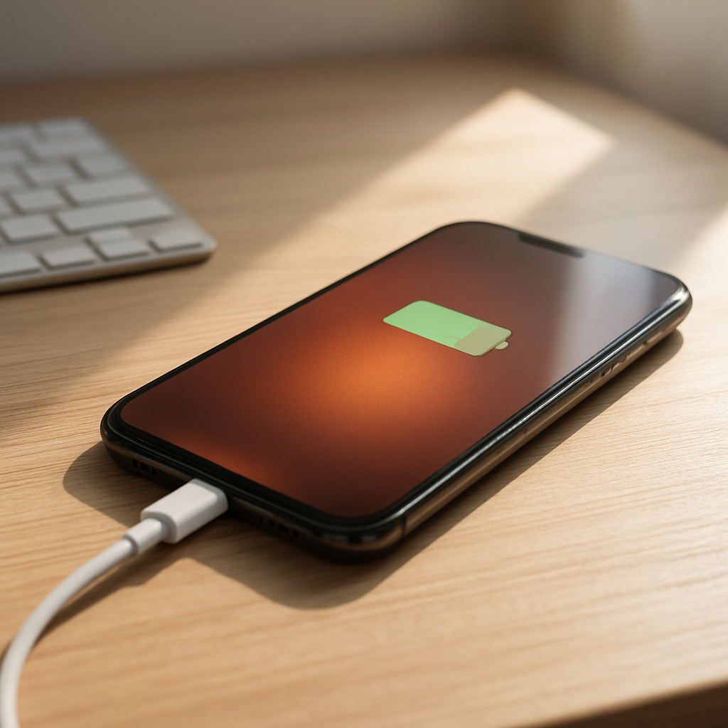 Smartphone warming while charging on a tidy wooden desk