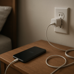 Smartphone on bedside table with loose charger after overnight charging