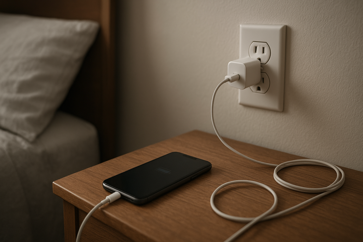 Smartphone on bedside table with loose charger after overnight charging