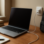 Open laptop plugged in on desk with charging limited naturally