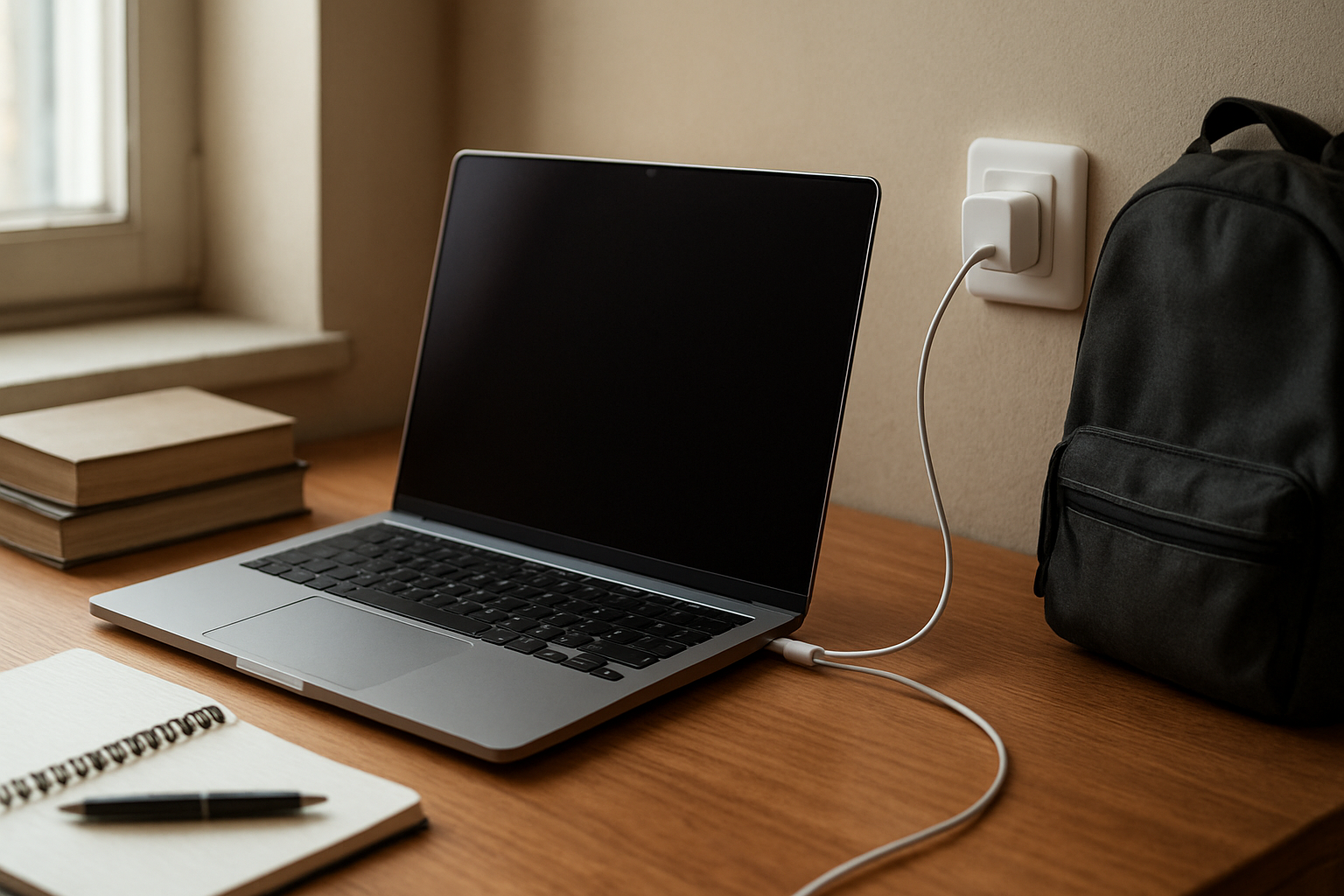 Open laptop plugged in on desk with charging limited naturally