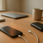 Smartphone on desk beside charger suggesting sudden battery drain issue