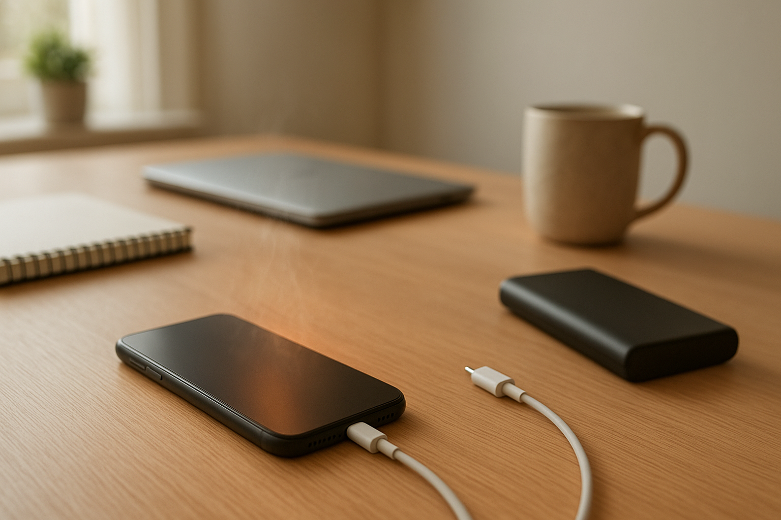 Smartphone on desk beside charger suggesting sudden battery drain issue