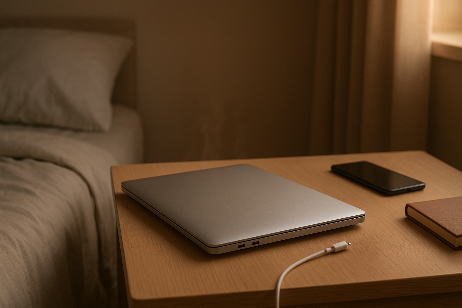 Closed laptop on bedside table after unexpected overnight battery drain