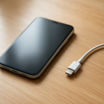 Smartphone on desk charging, battery indicator at eighty percent