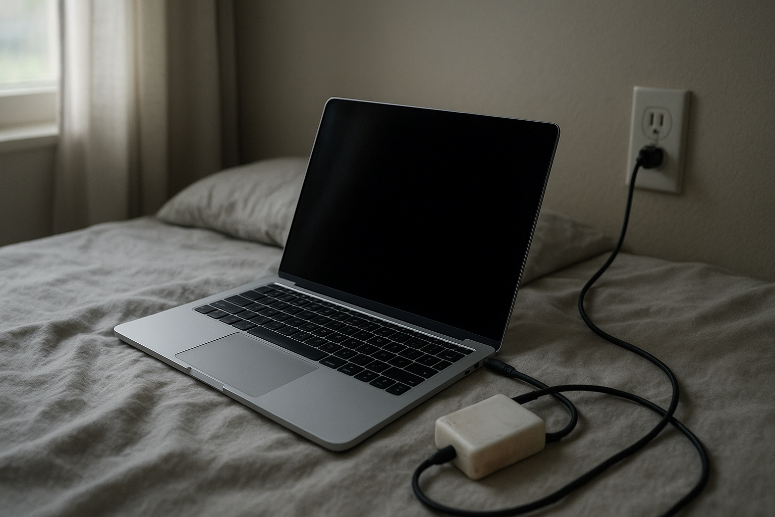 Laptop charger resting on a bed beside an open laptop