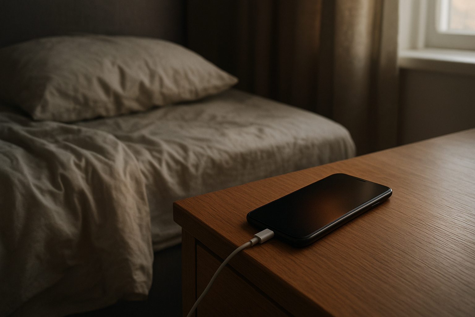 Smartphone on bedside table after losing battery overnight while idle