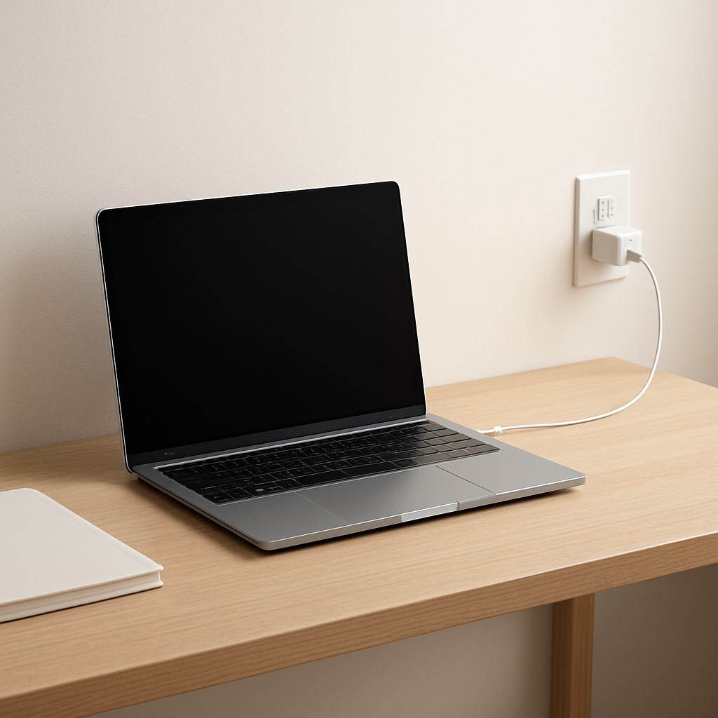 Laptop on clean desk plugged into charger, soft lighting
