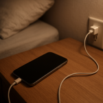 Smartphone on bedside table beside charger in softly lit bedroom