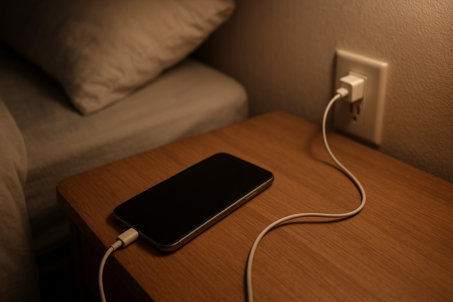 Smartphone on bedside table beside charger in softly lit bedroom