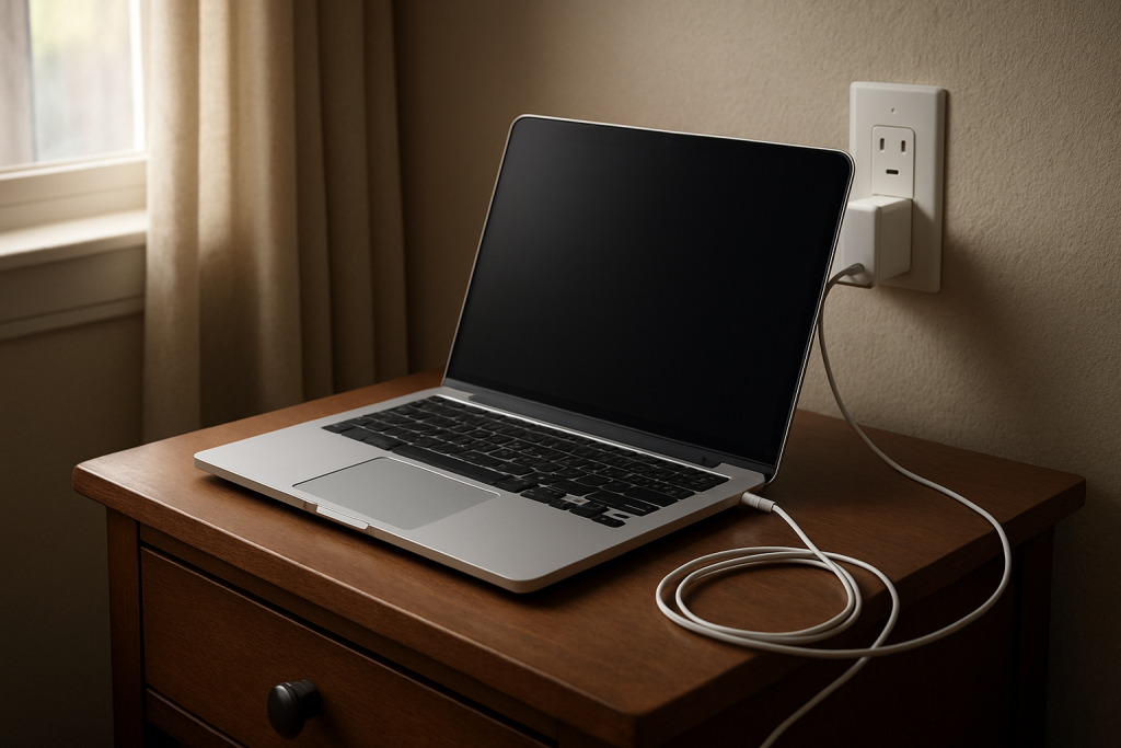 Laptop plugged in on bedside table with subtle charging concern
