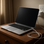 Laptop plugged in on bedside table with subtle charging concern