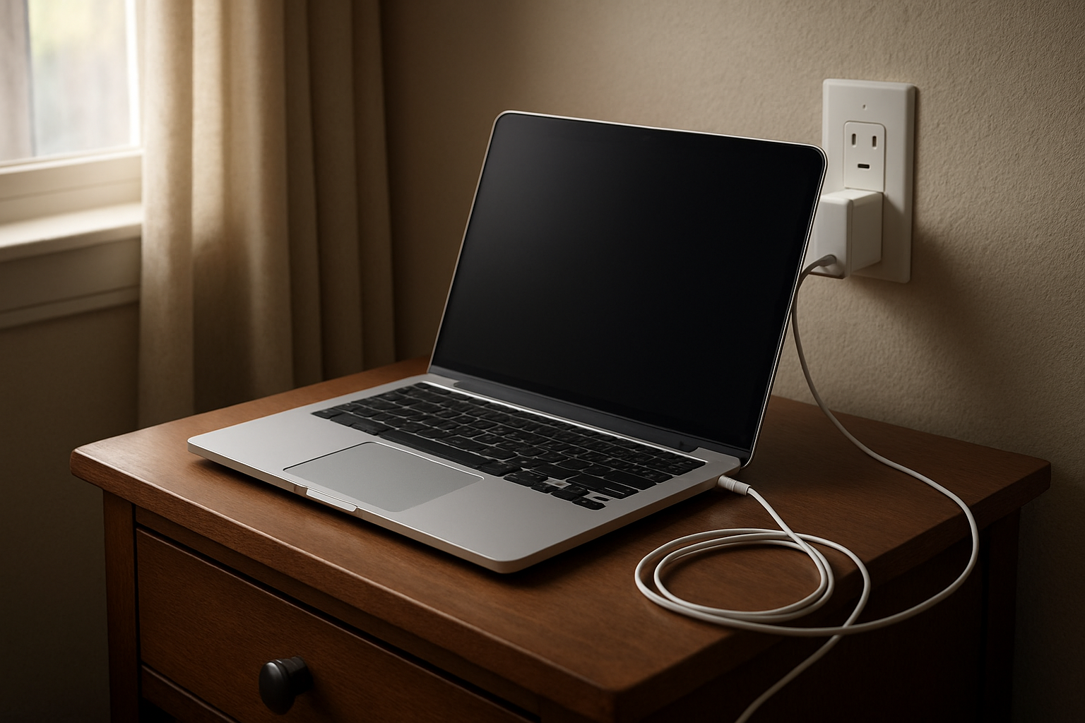Laptop plugged in on bedside table with subtle charging concern