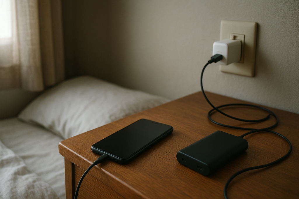 Smartphone on bedside table with charger loosely connected and unreliable power