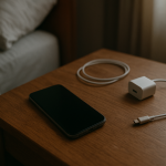Smartphone on bedside table with charger nearby after overnight battery drain
