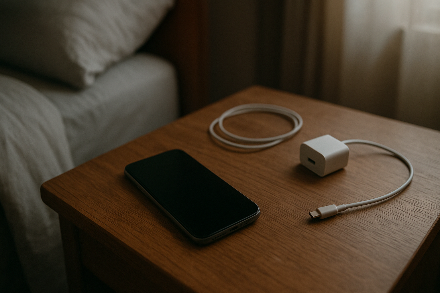 Smartphone on bedside table with charger nearby after overnight battery drain