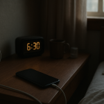 Smartphone on bedside table with charger suggesting overnight battery drain
