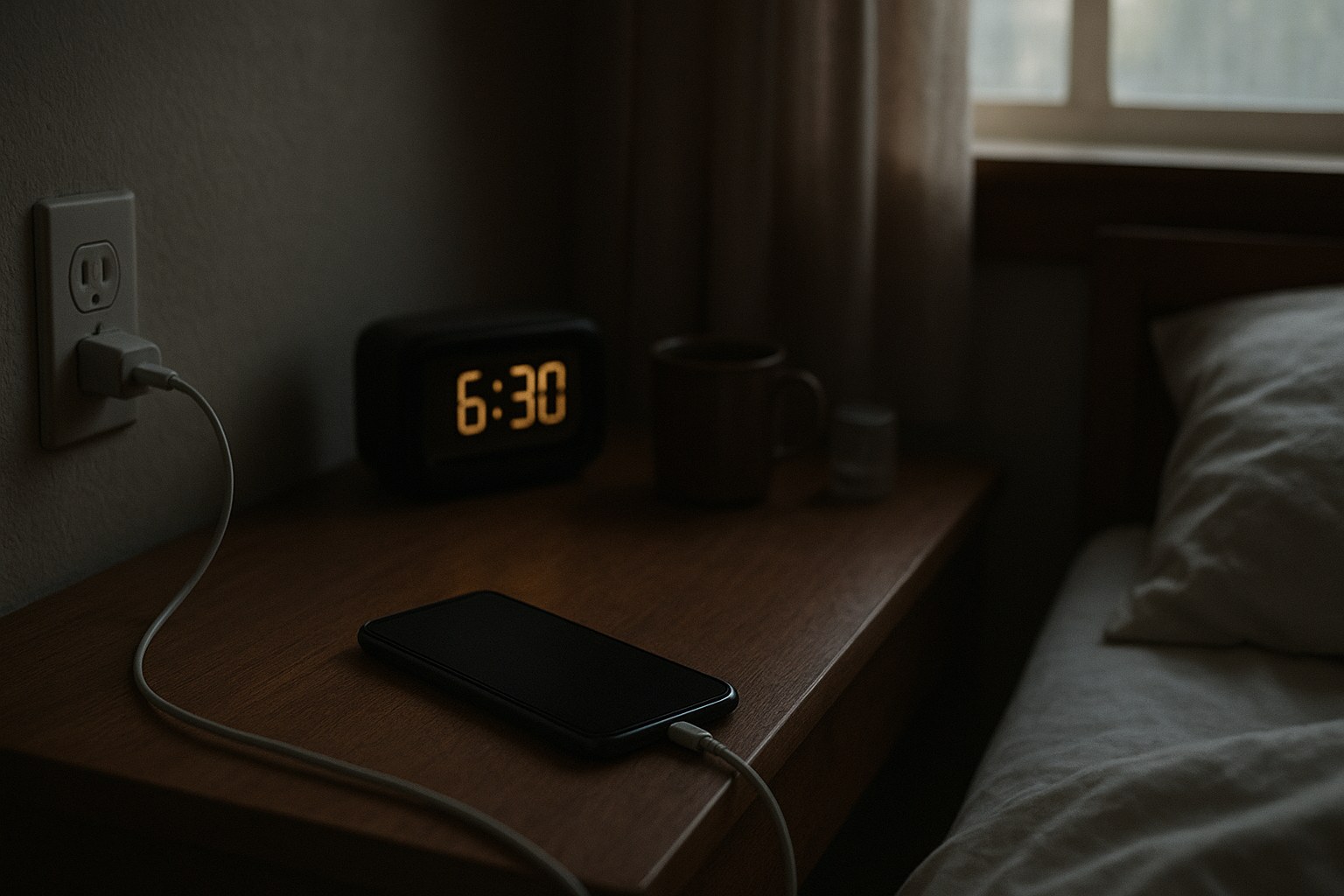 Smartphone on bedside table with charger suggesting overnight battery drain