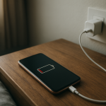 Smartphone on bedside table charging with subtle battery trouble context