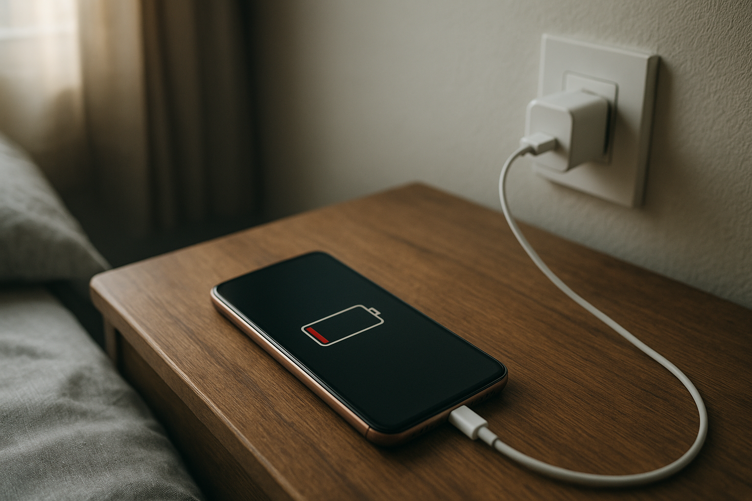 Smartphone on bedside table charging with subtle battery trouble context