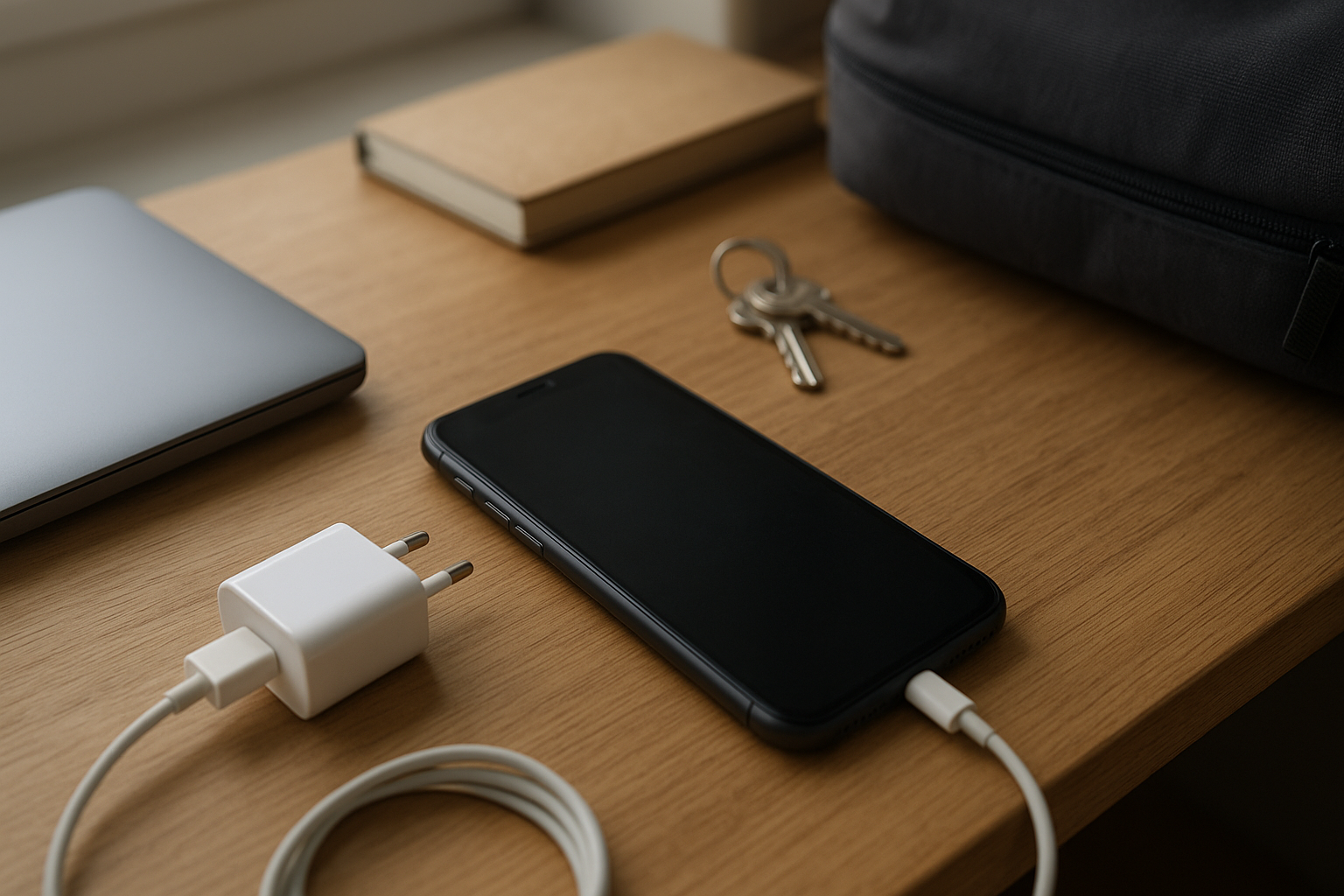 Smartphone on desk with charger during subtle battery drain issue