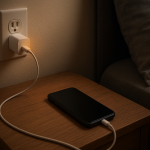 Phone charging beside a bed with charger warm to touch