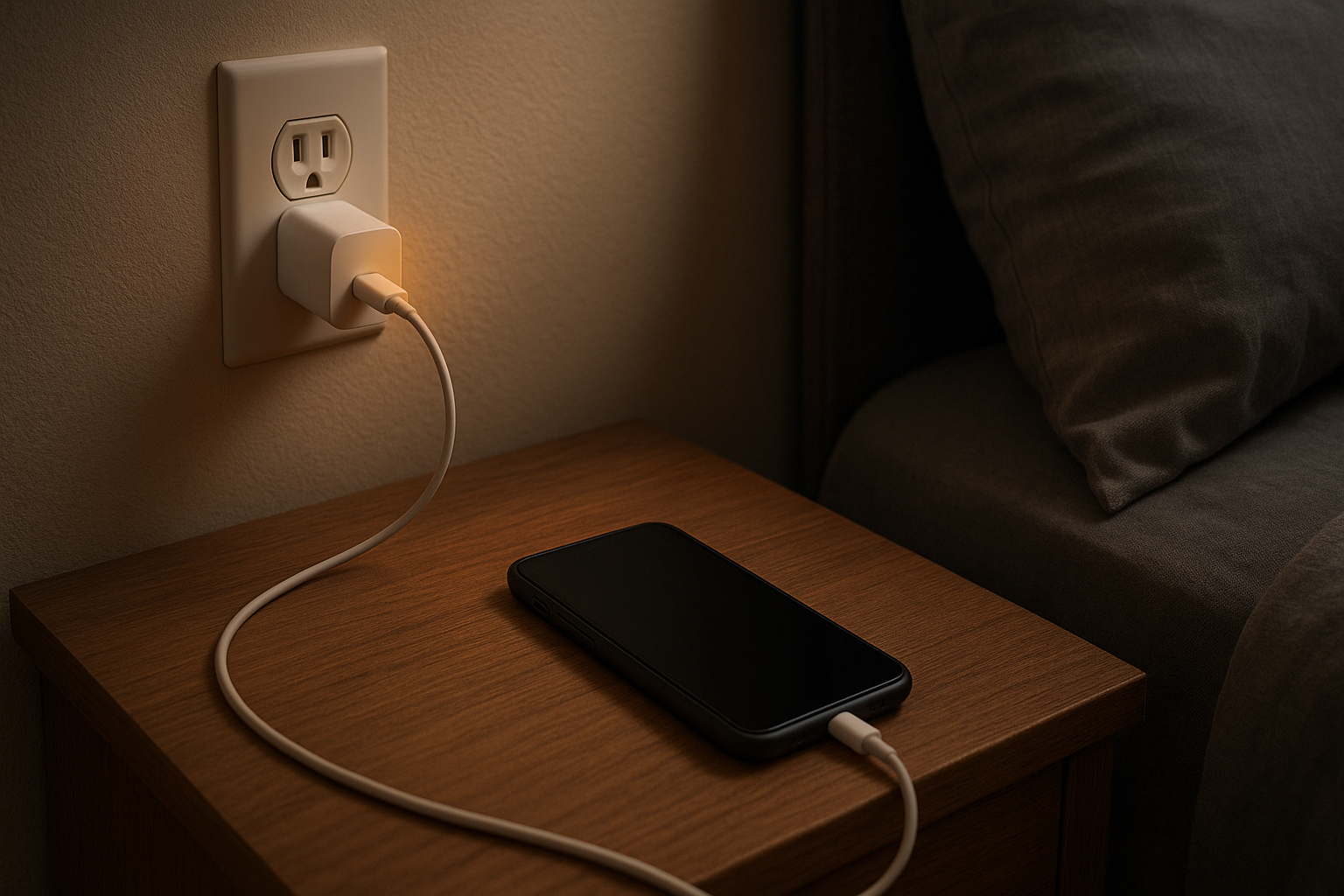 Phone charging beside a bed with charger warm to touch