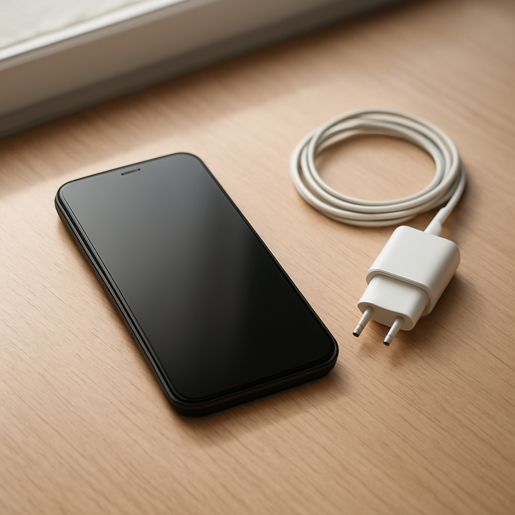 Smartphone on clean desk with low battery indication