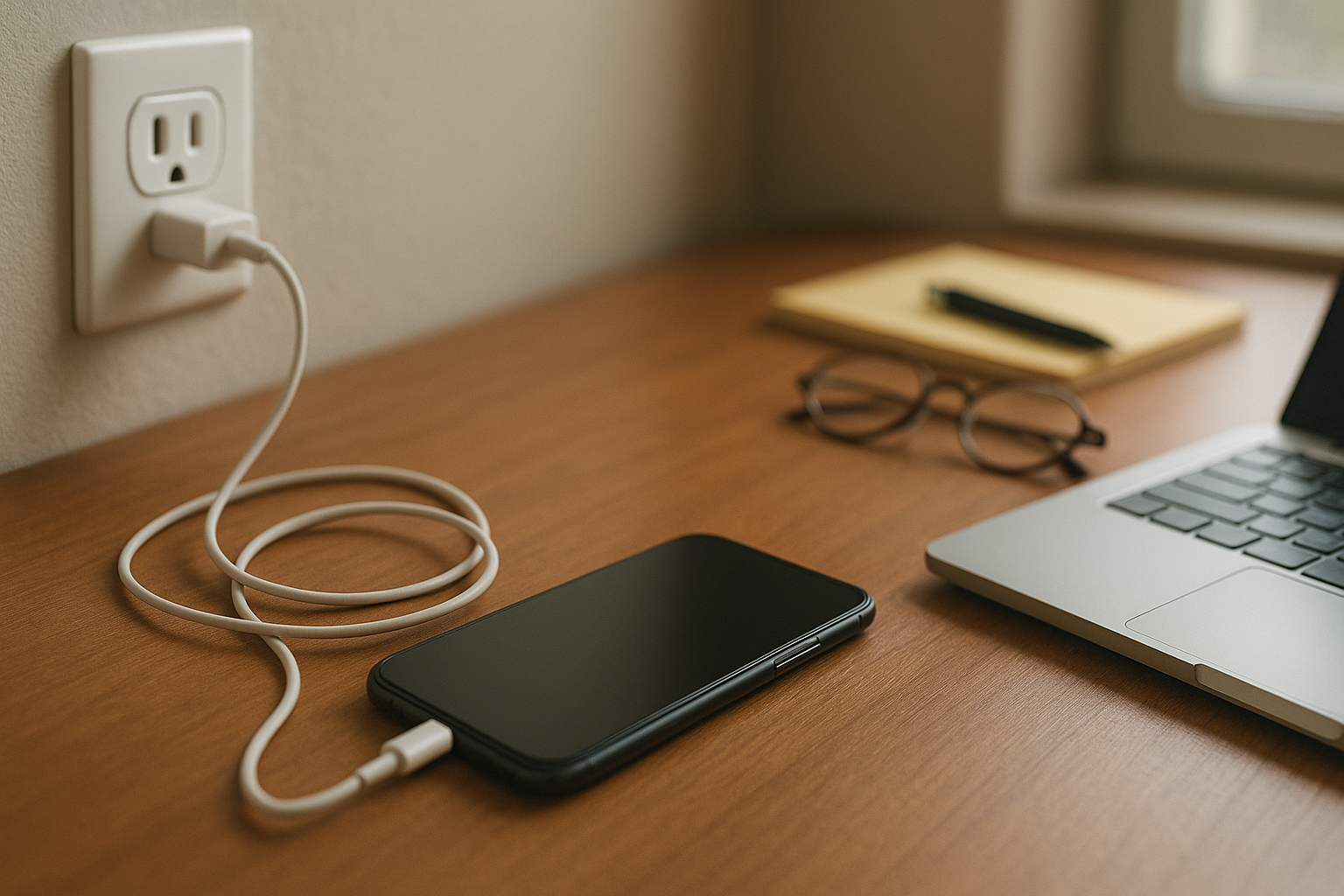Smartphone charging on desk beside laptop, suggesting fast battery wear