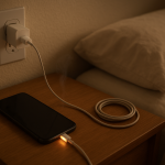 Phone charging on bedside table with warm cable near plug
