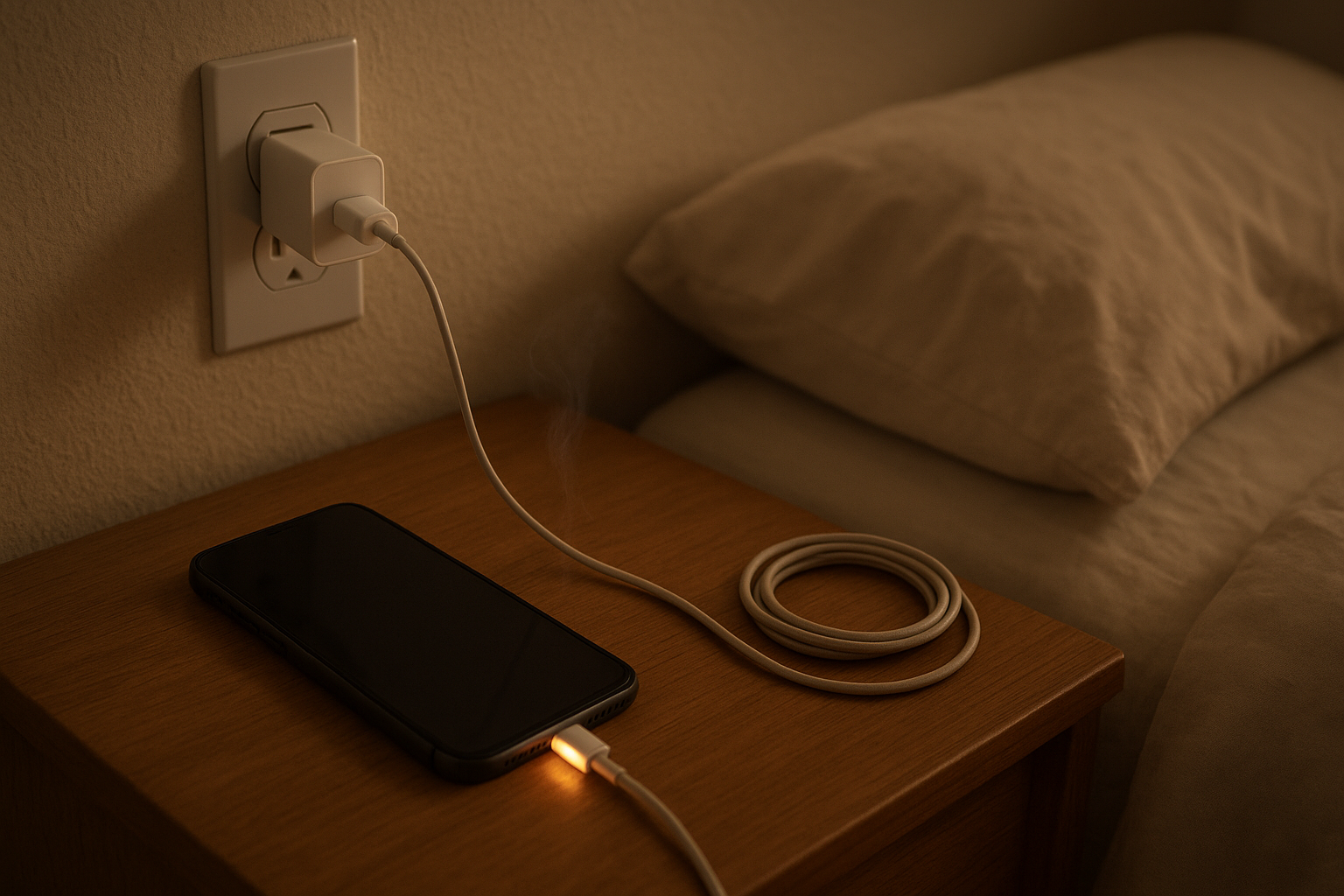 Phone charging on bedside table with warm cable near plug