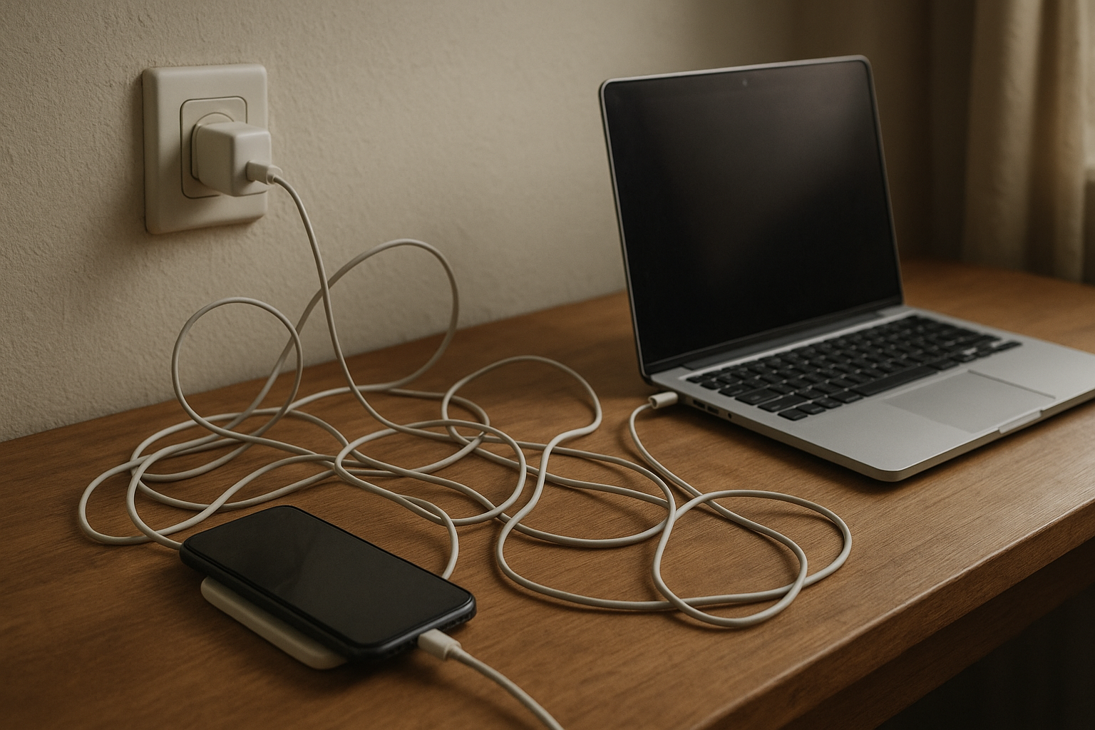 Phone and laptop with loose charging cables on a desk