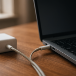 Laptop charging cable bent near connector on a home office desk