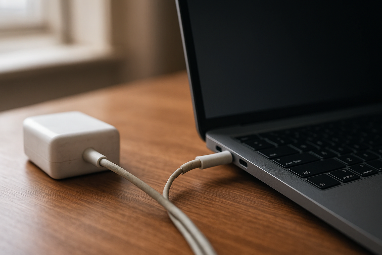 Laptop charging cable bent near connector on a home office desk
